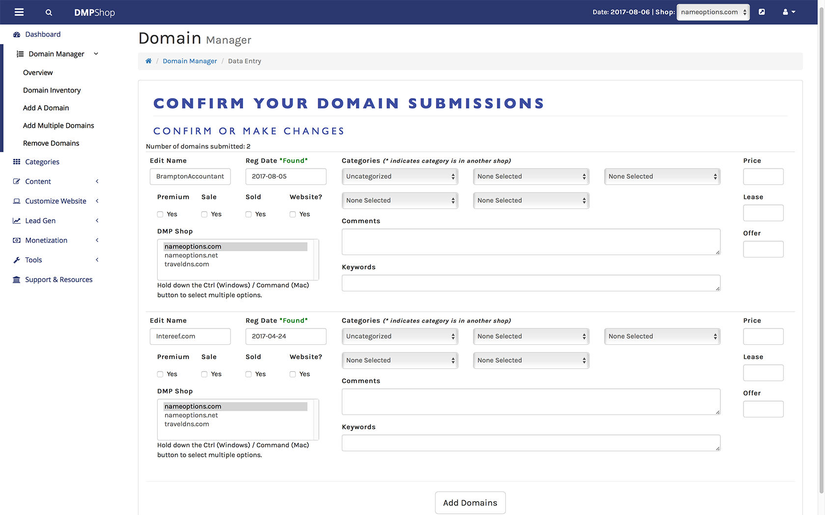 dmpshop domain submissions